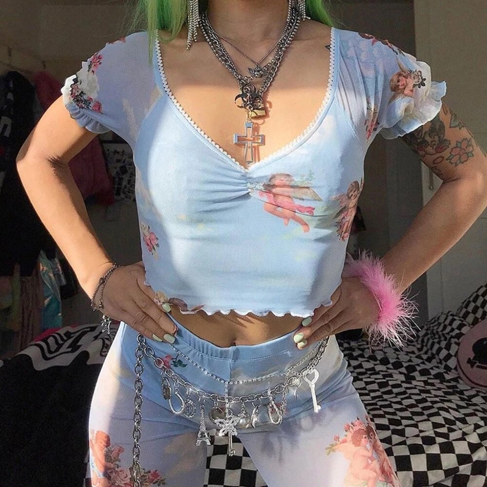 Angel Print Mesh Crop Top w/Ruffled Short Sleeves
